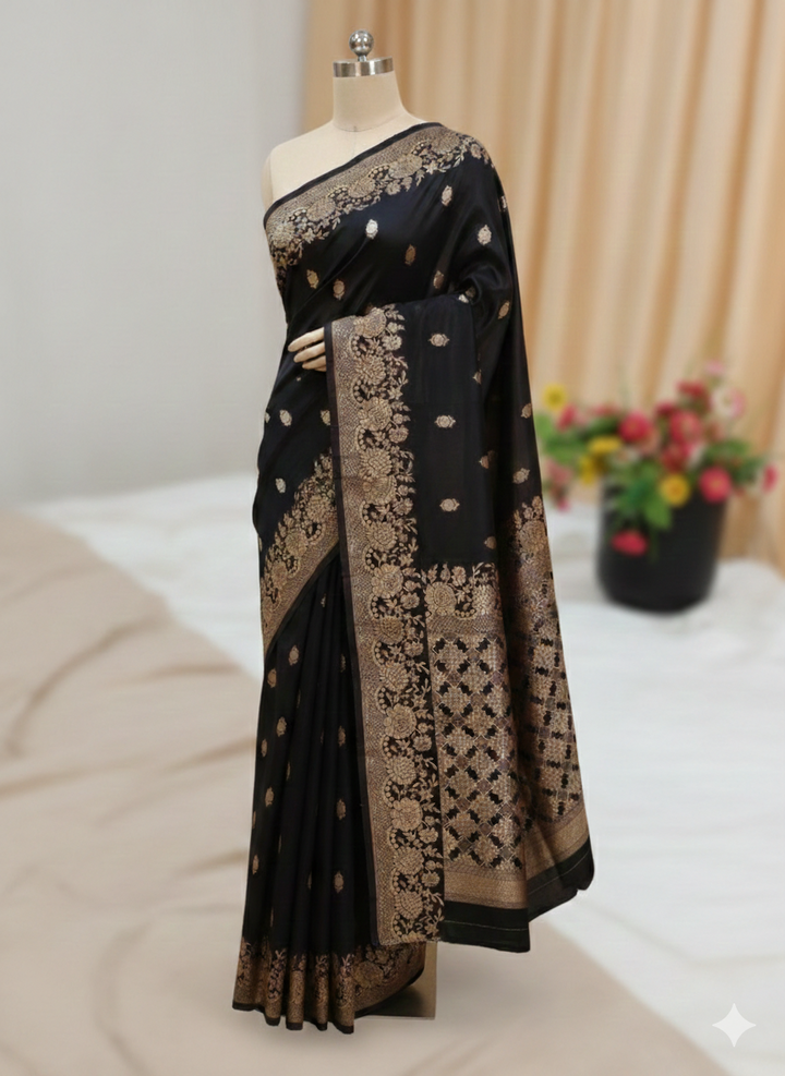 RUSSIAN SILK IN CHARCOAL BLACK WITH ELEGANT BOOTI AND BORDER