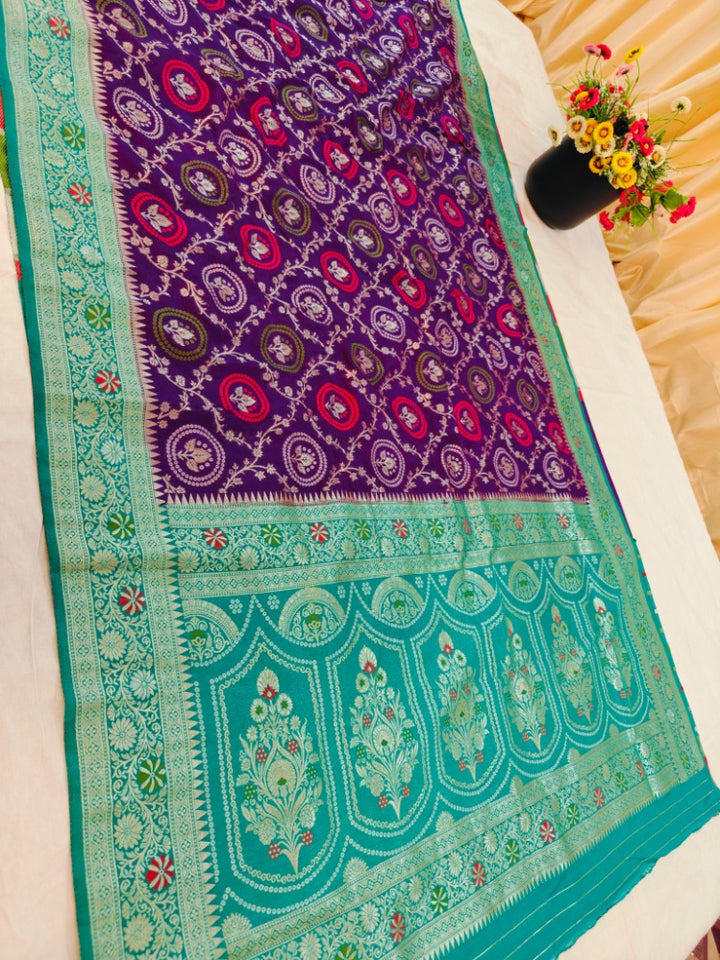 KHADDI GEORGETTE VIOLET WITH SEAGREEN BORDER
