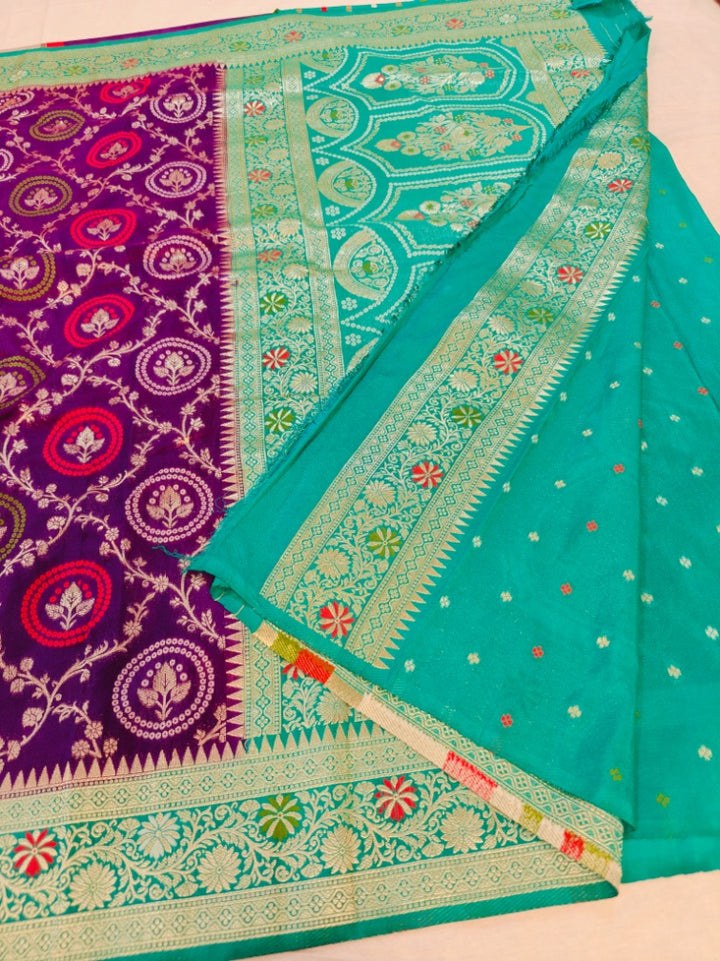 KHADDI GEORGETTE VIOLET WITH SEAGREEN BORDER