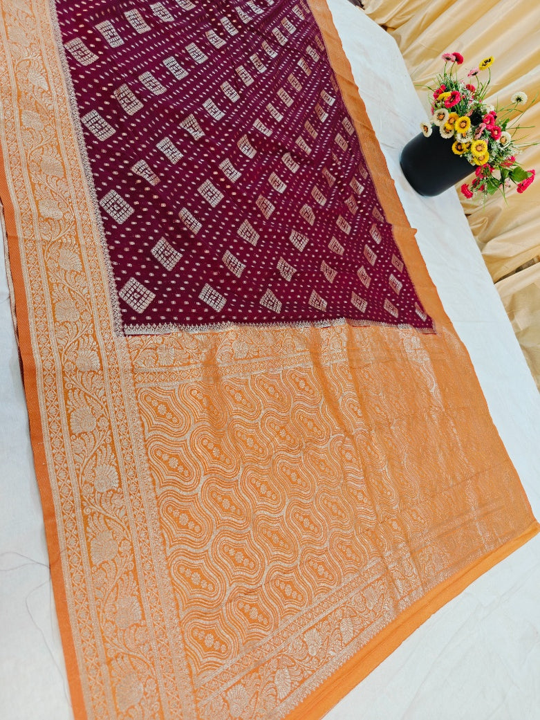 KHADDI GEORGETTE IN GARNET WITH BIEGE BORDER