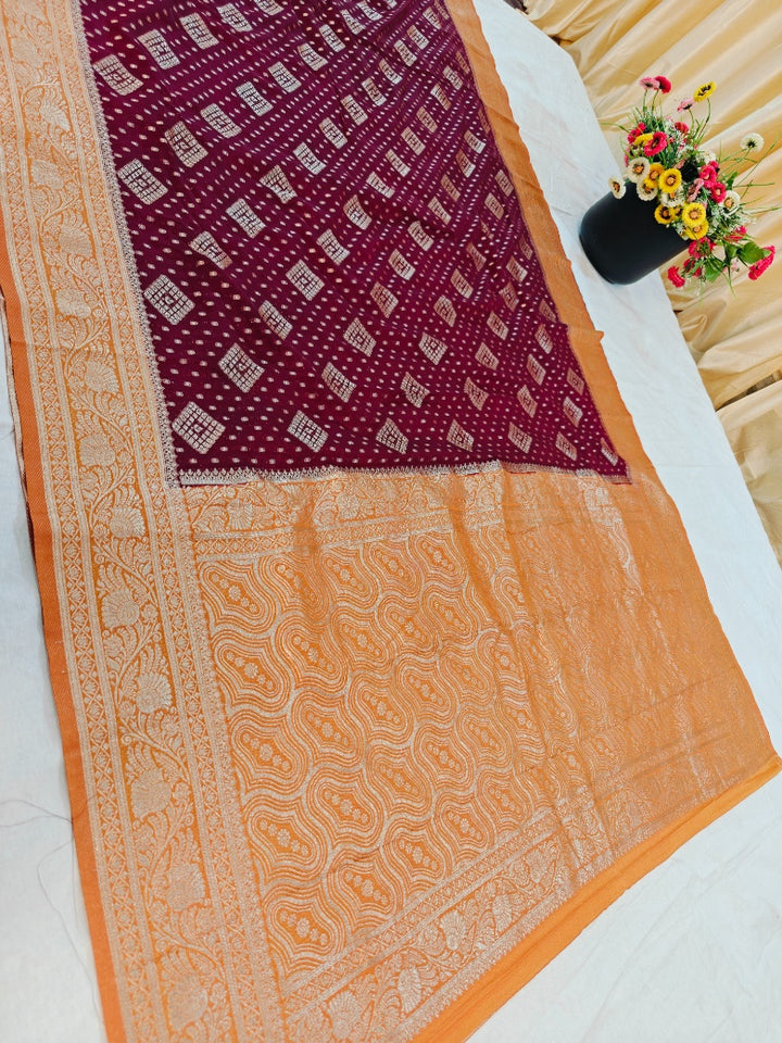 KHADDI GEORGETTE IN GARNET WITH BIEGE BORDER