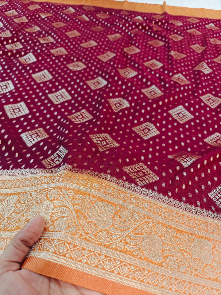 KHADDI GEORGETTE IN GARNET WITH BIEGE BORDER