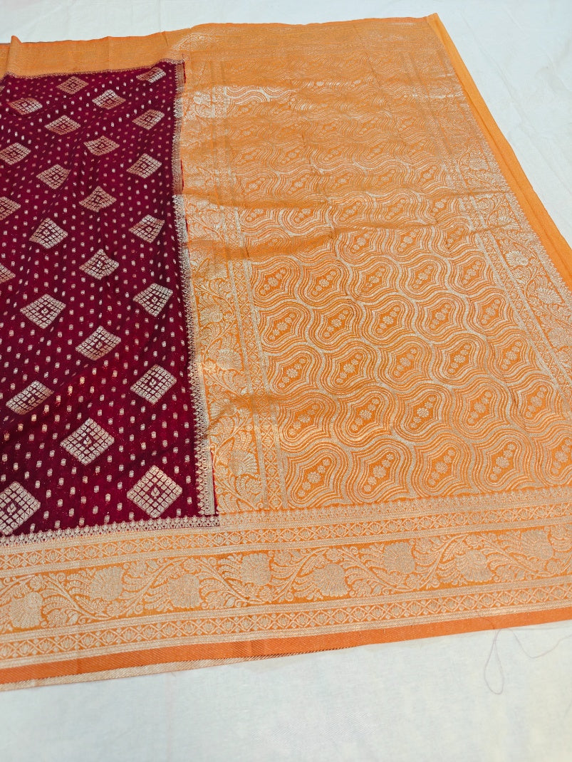 KHADDI GEORGETTE IN GARNET WITH BIEGE BORDER