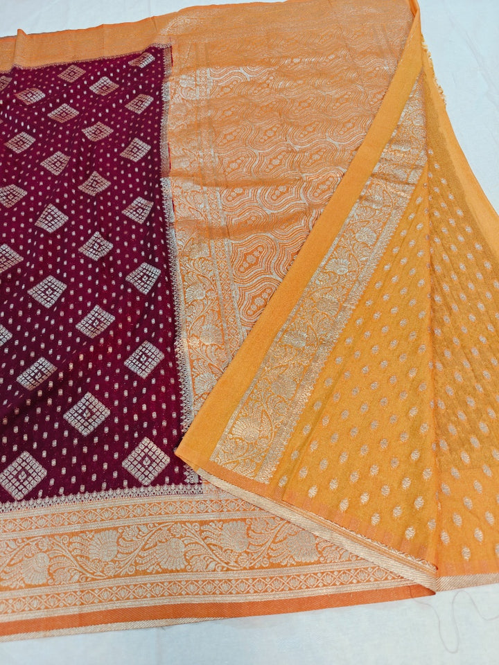 KHADDI GEORGETTE IN GARNET WITH BIEGE BORDER