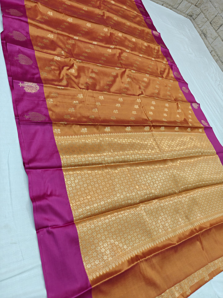 MUSTARD GOLD WITH MAGENTA BORDER BANARASI KATAN SILK
