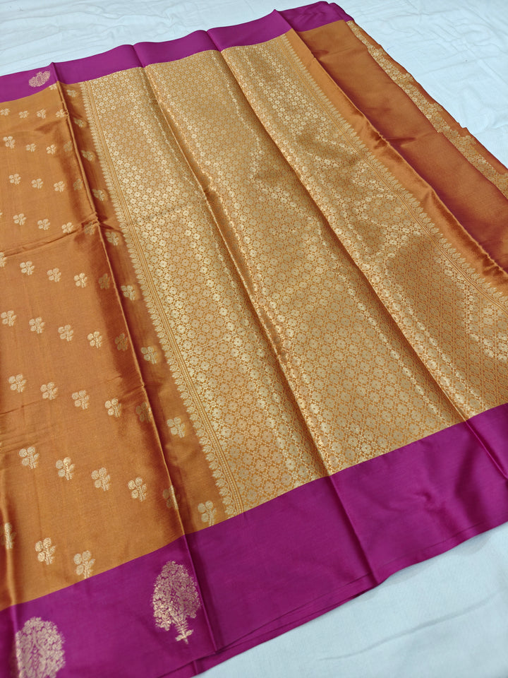 MUSTARD GOLD WITH MAGENTA BORDER BANARASI KATAN SILK