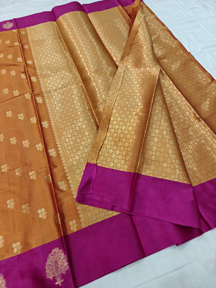 MUSTARD GOLD WITH MAGENTA BORDER BANARASI KATAN SILK