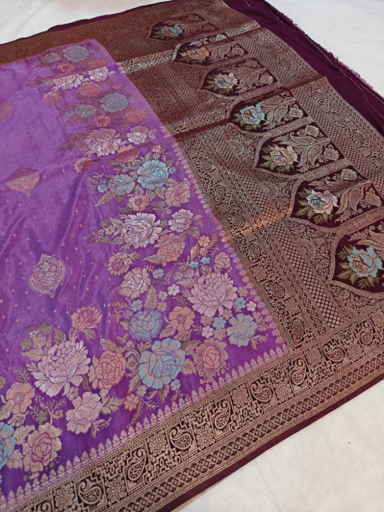 KHADDI GEORGETTE IN LAVENDER WITH CHOCOLATE BORDER