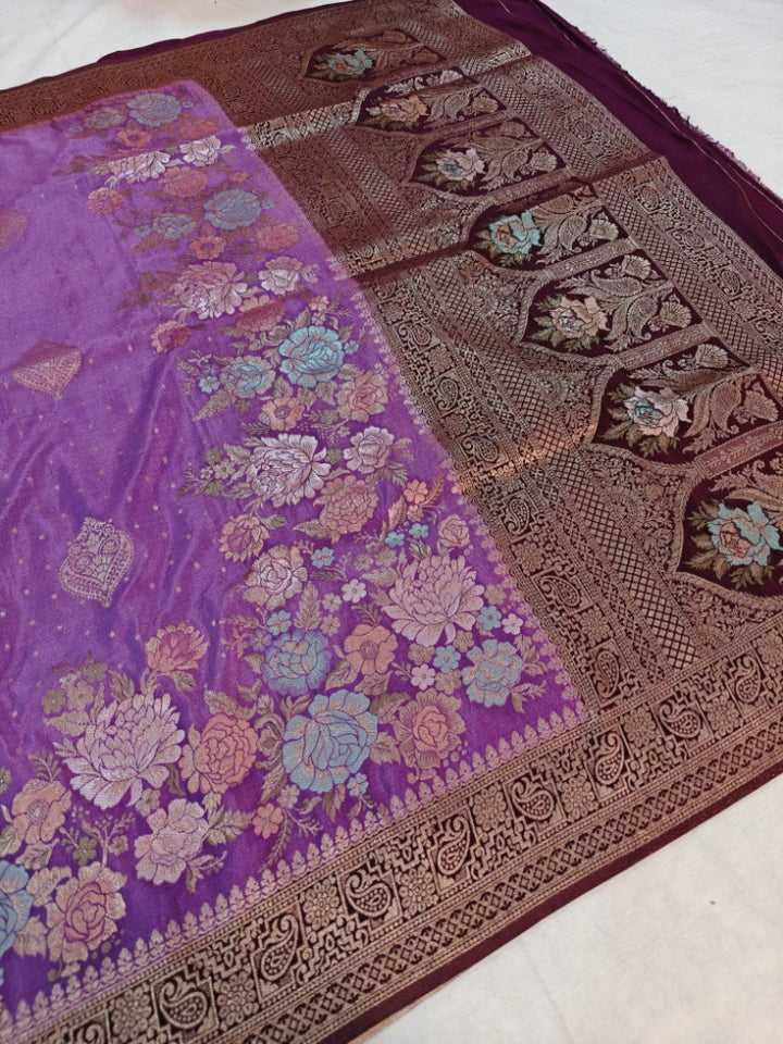 KHADDI GEORGETTE IN LAVENDER WITH CHOCOLATE BORDER