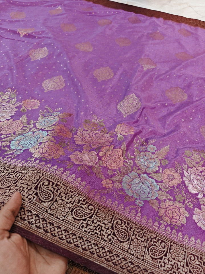 KHADDI GEORGETTE IN LAVENDER WITH CHOCOLATE BORDER