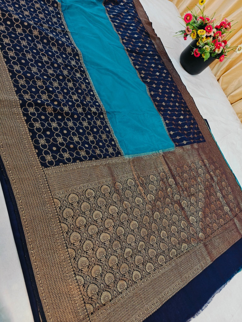 KHADDI GEORGETTE IN THREE TIERRED PATTERN IN NAVY BLUE WITH SKY BLUE