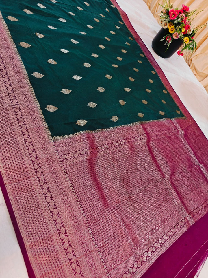 BOTTLE GREEN KHADDI GEORGETTE WITH VINE BORDER