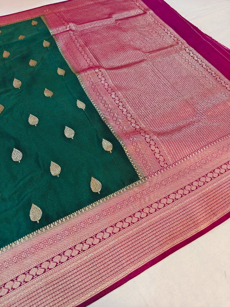 BOTTLE GREEN KHADDI GEORGETTE WITH VINE BORDER