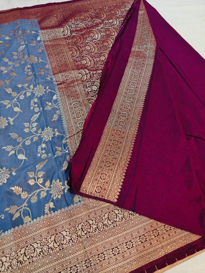 STEEL GREY KHADDI GEORGETTE WITH GARNET BOREDR
