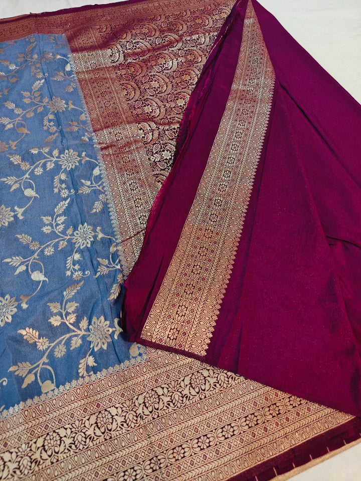 STEEL GREY KHADDI GEORGETTE WITH GARNET BOREDR