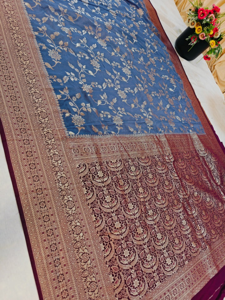 STEEL GREY KHADDI GEORGETTE WITH GARNET BOREDR