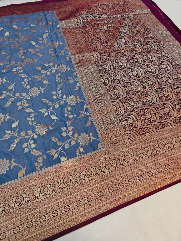 STEEL GREY KHADDI GEORGETTE WITH GARNET BOREDR