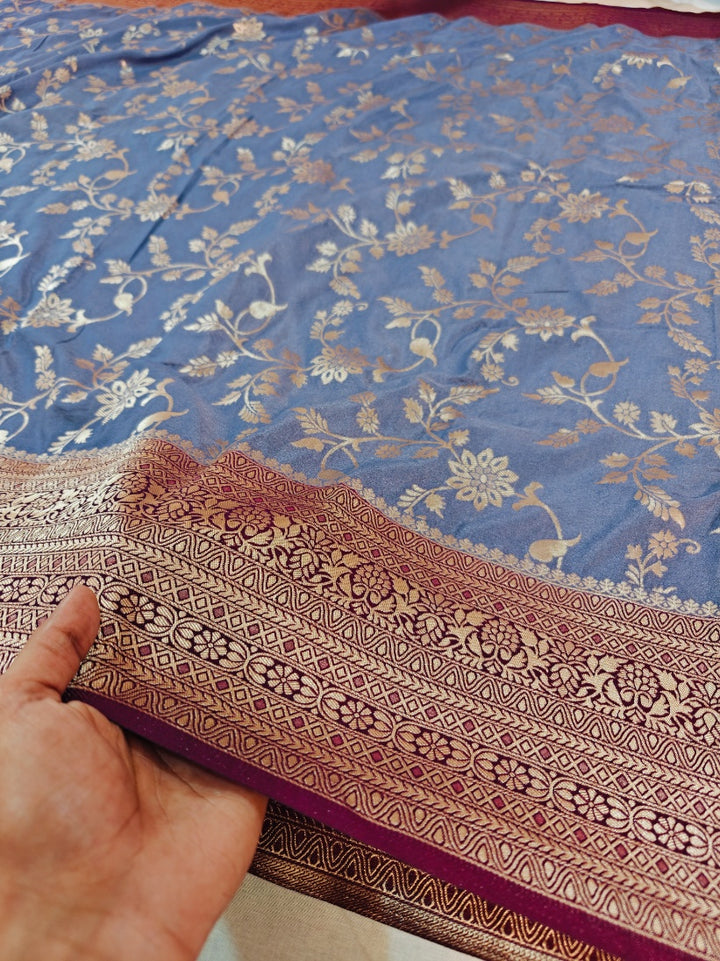 STEEL GREY KHADDI GEORGETTE WITH GARNET BOREDR