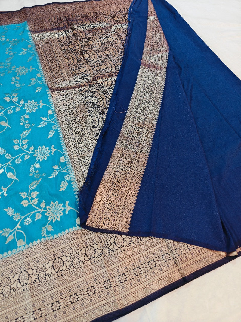 PEARL BLUE SAREE WITH NAVY BLUE KHADDI GEORGETTE