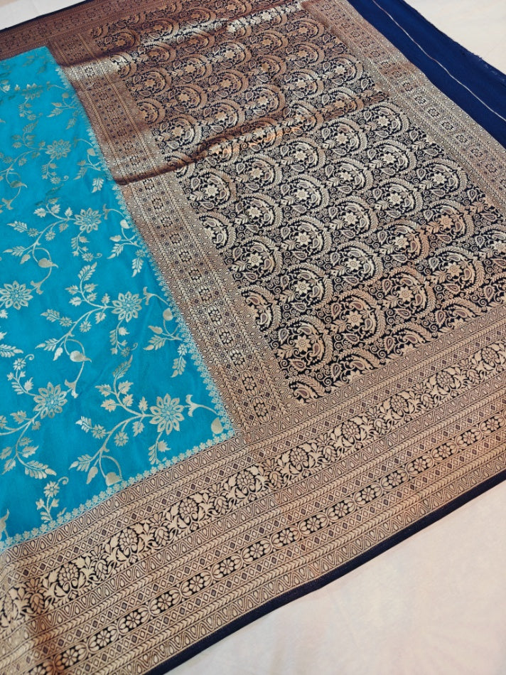 PEARL BLUE SAREE WITH NAVY BLUE KHADDI GEORGETTE