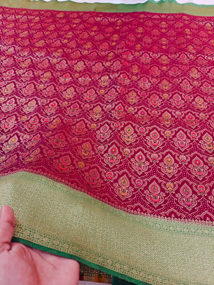 KHADDI GEORGETTE IN GARNET MULTICOLOUR DESIGN WITH PARROT GREEN BORDER