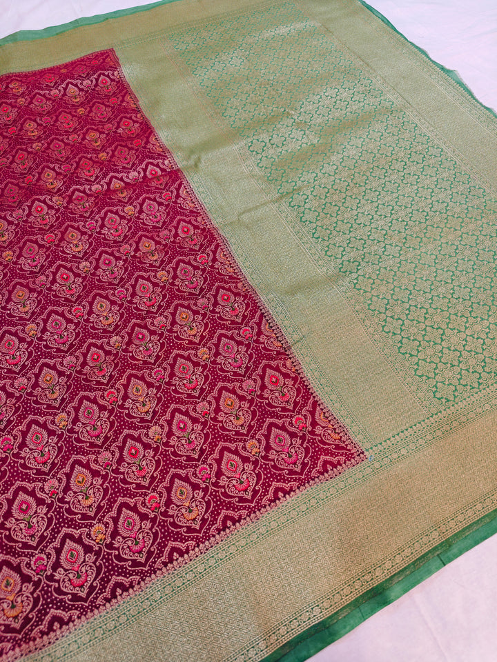 KHADDI GEORGETTE IN GARNET MULTICOLOUR DESIGN WITH PARROT GREEN BORDER