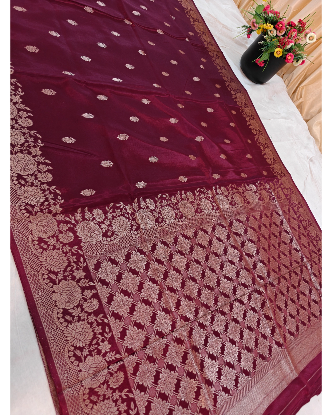 RUSSIAN SILK IN GARNET COLOUR WITH AUTHENTIC BOOTI