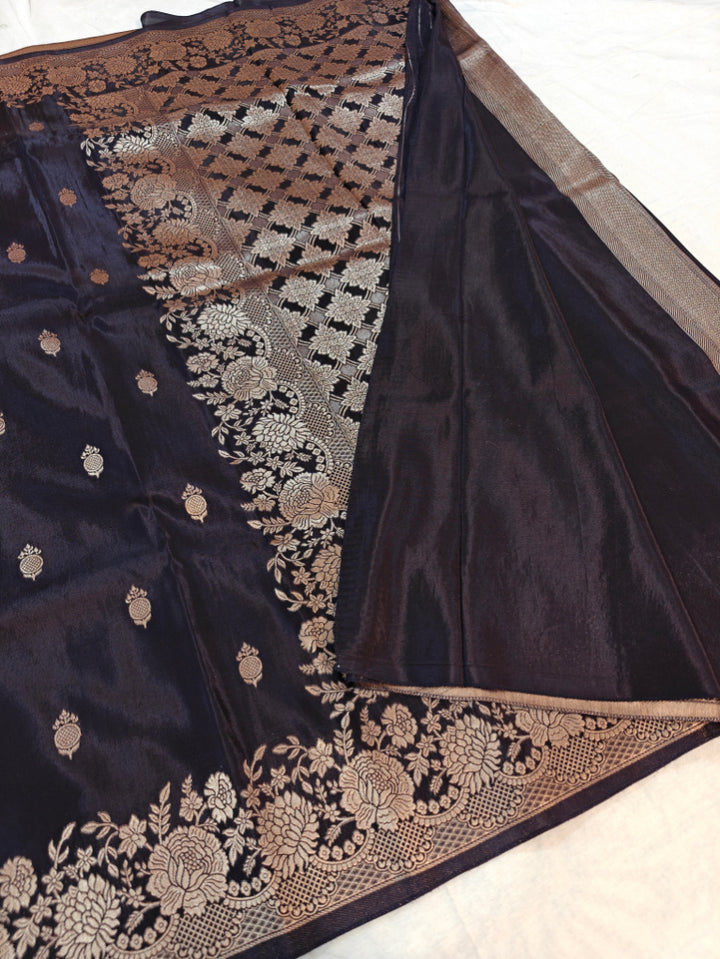 RUSSIAN SILK IN CHARCOAL BLACK WITH ELEGANT BOOTI AND BORDER