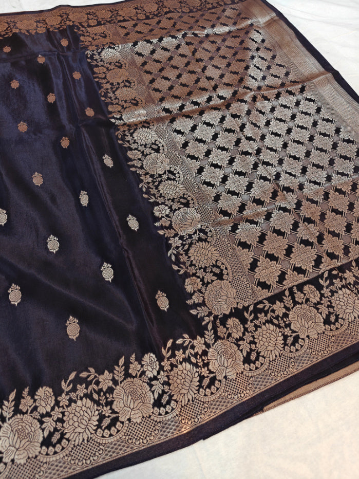 RUSSIAN SILK IN CHARCOAL BLACK WITH ELEGANT BOOTI AND BORDER