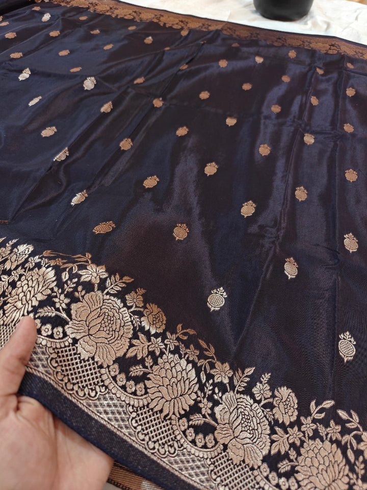 RUSSIAN SILK IN CHARCOAL BLACK WITH ELEGANT BOOTI AND BORDER