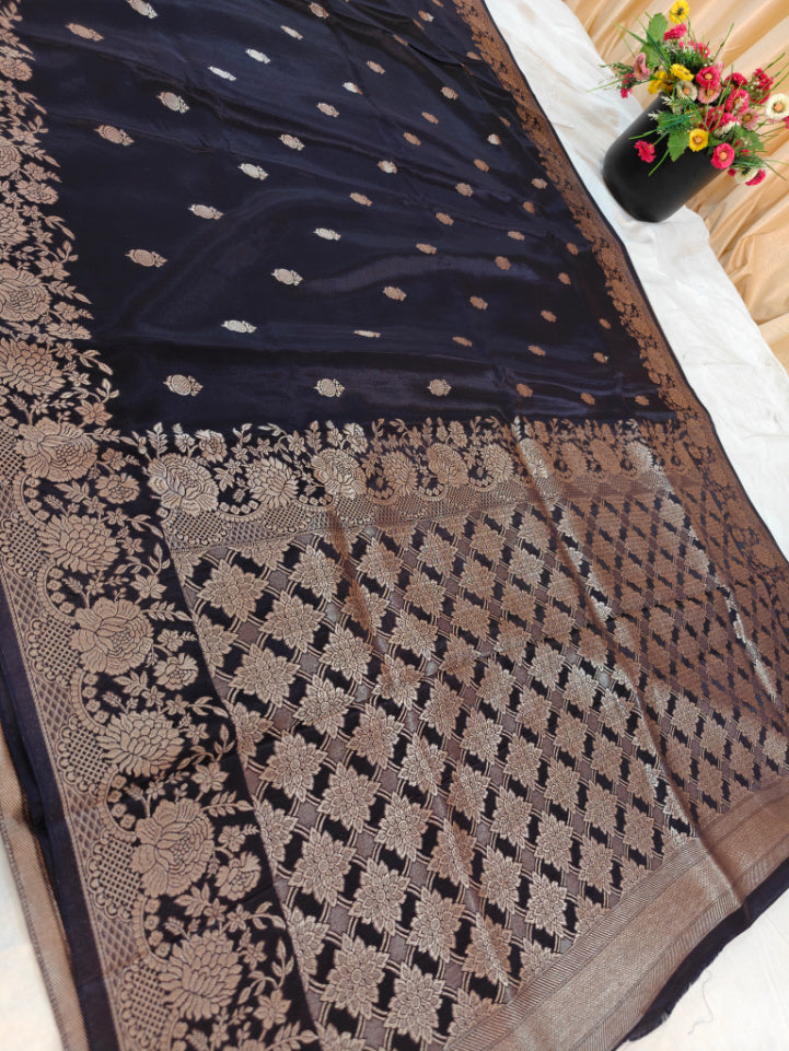 RUSSIAN SILK IN CHARCOAL BLACK WITH ELEGANT BOOTI AND BORDER