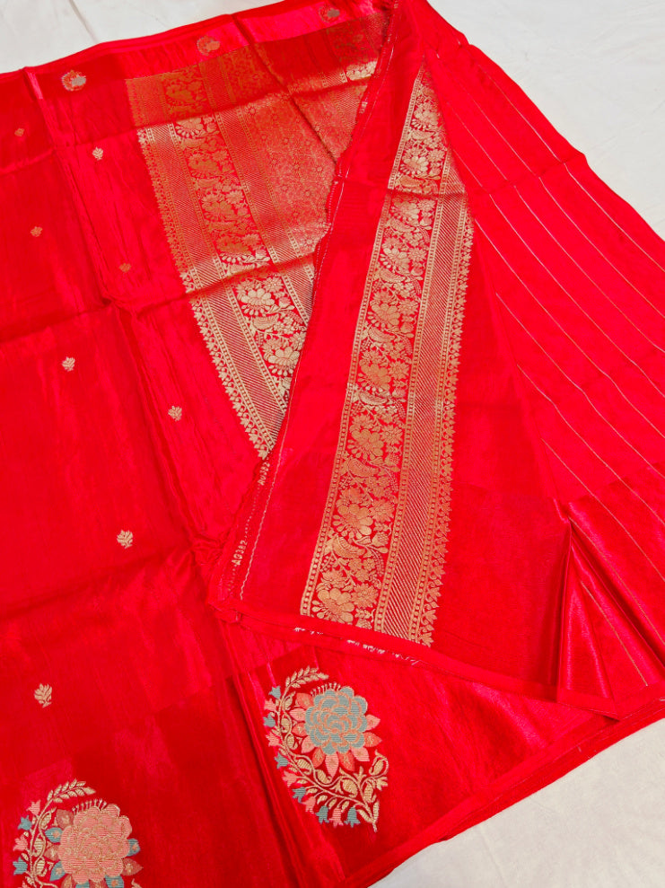 RUSSIAN SATIN SILK IN BRIGHT RED COLOUR WITH TILFI BOOTA BORDER