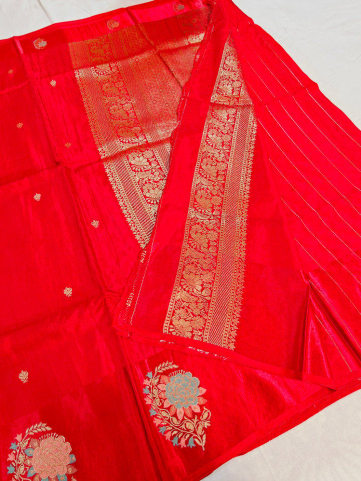 RUSSIAN SATIN SILK IN BRIGHT RED COLOUR WITH TILFI BOOTA BORDER