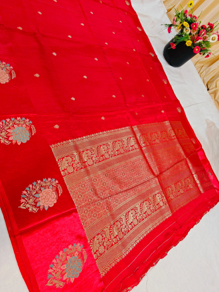 RUSSIAN SATIN SILK IN BRIGHT RED COLOUR WITH TILFI BOOTA BORDER