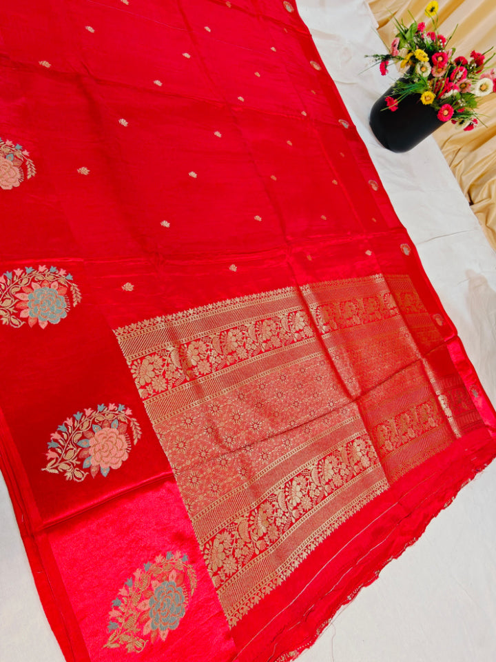 RUSSIAN SATIN SILK IN BRIGHT RED COLOUR WITH TILFI BOOTA BORDER