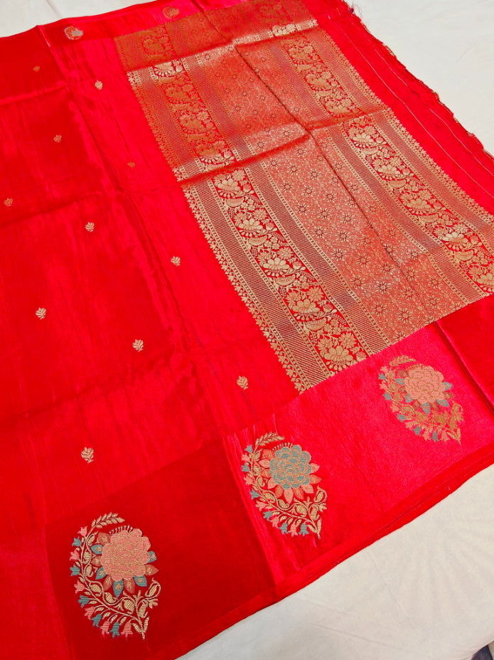 RUSSIAN SATIN SILK IN BRIGHT RED COLOUR WITH TILFI BOOTA BORDER