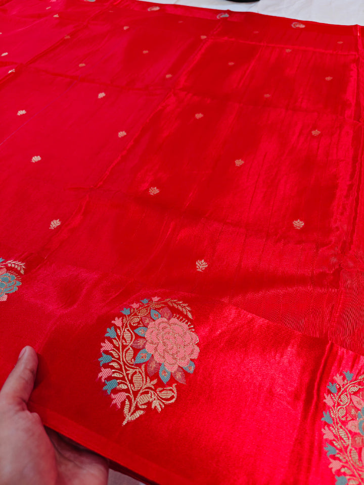 RUSSIAN SATIN SILK IN BRIGHT RED COLOUR WITH TILFI BOOTA BORDER