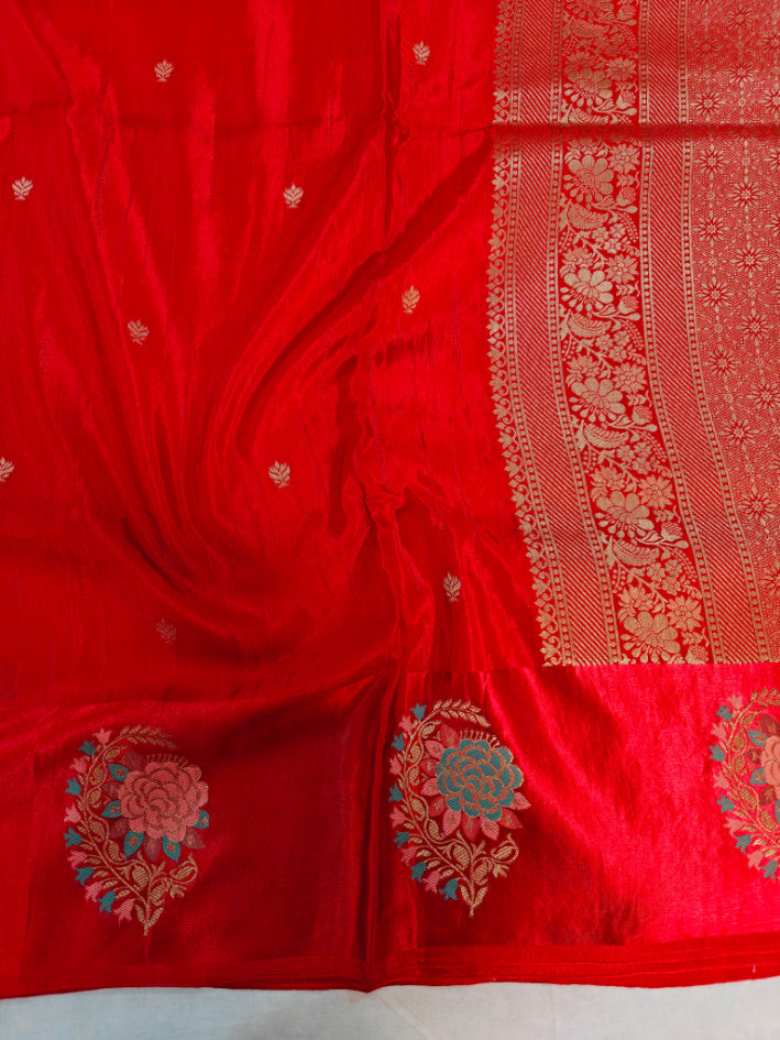RUSSIAN SATIN SILK IN BRIGHT RED COLOUR WITH TILFI BOOTA BORDER