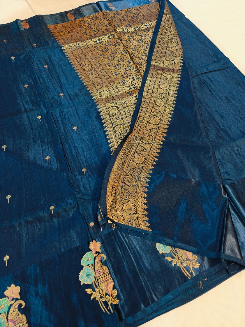 RUSSIAN SATIN SILK WITH TEXTURED FABRIC IN NAVY BLUE COLOUR