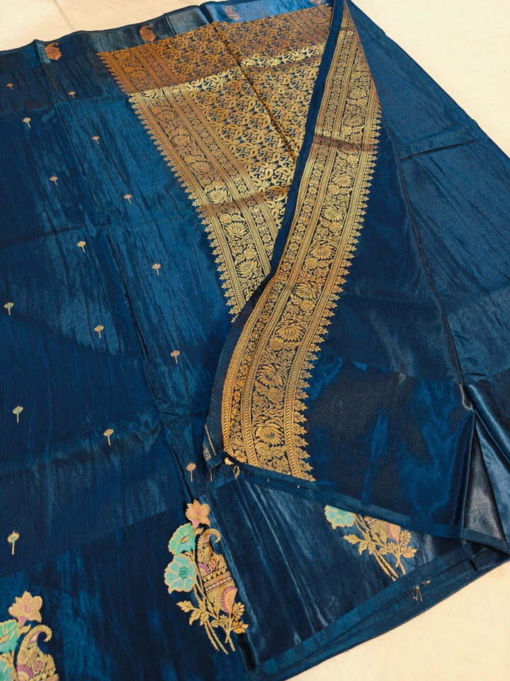 RUSSIAN SATIN SILK WITH TEXTURED FABRIC IN NAVY BLUE COLOUR