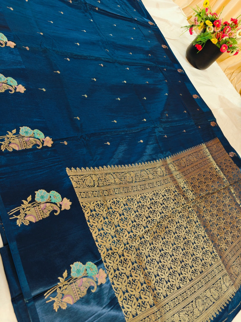 RUSSIAN SATIN SILK WITH TEXTURED FABRIC IN NAVY BLUE COLOUR