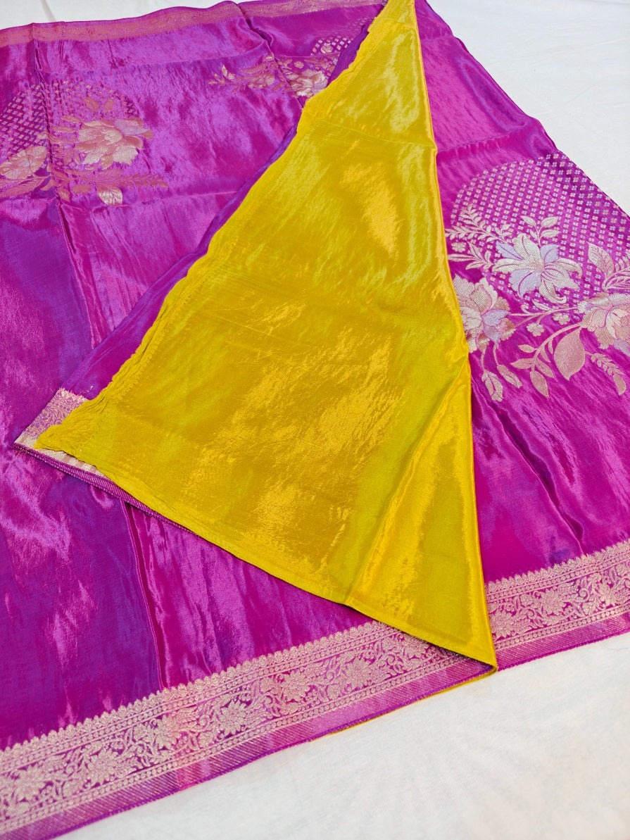 KOREAN SILK IN DEEP PINK SHADE WITH FLORAL DESIGNS