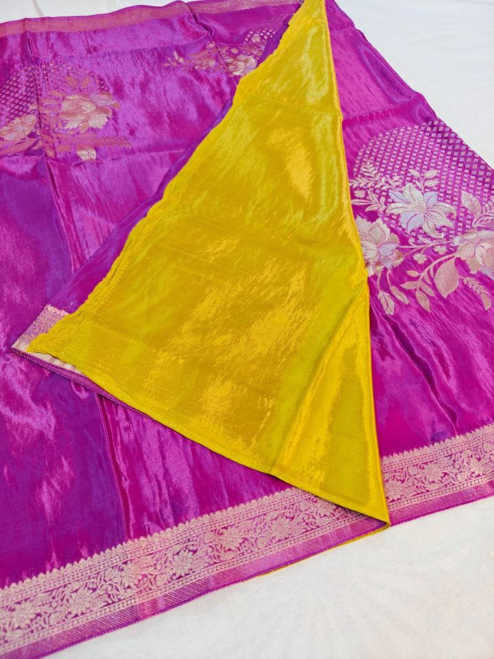 KOREAN SILK IN DEEP PINK SHADE WITH FLORAL DESIGNS