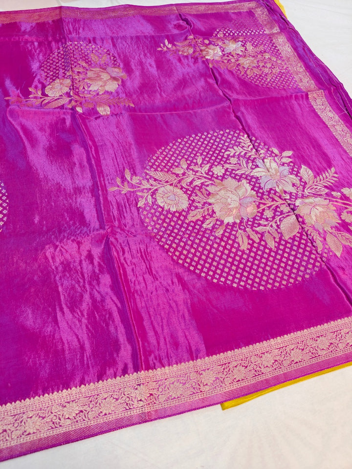 KOREAN SILK IN DEEP PINK SHADE WITH FLORAL DESIGNS