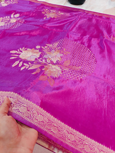 KOREAN SILK IN DEEP PINK SHADE WITH FLORAL DESIGNS