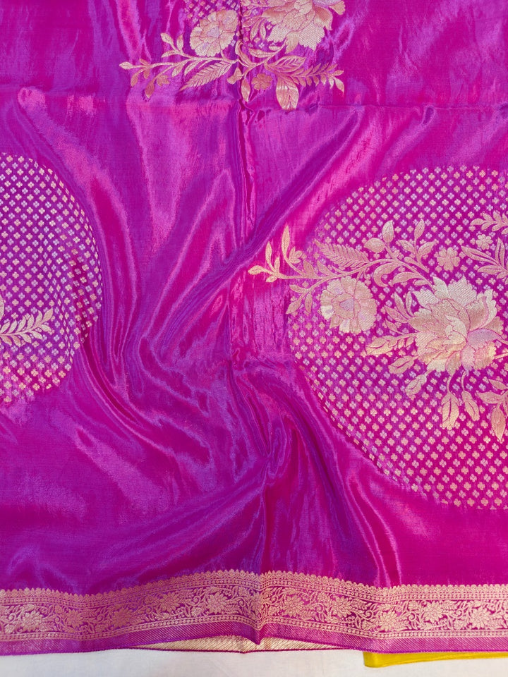 KOREAN SILK IN DEEP PINK SHADE WITH FLORAL DESIGNS