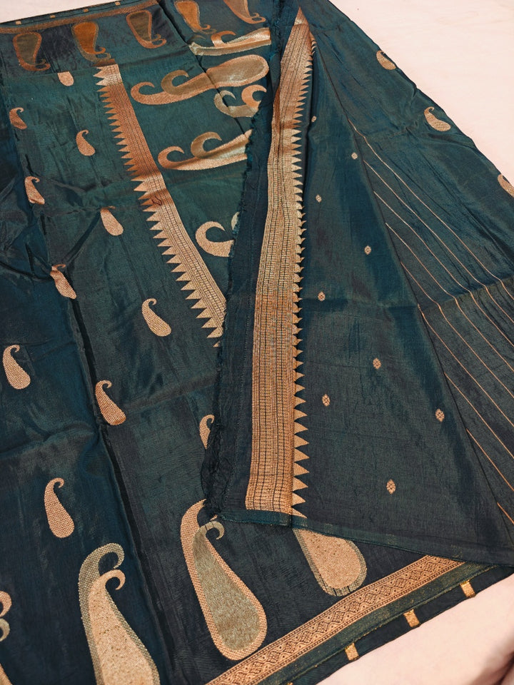 RUSSIAN SILK WITH ZARI MOTIF IN BOTTLE GREEN COLOUR