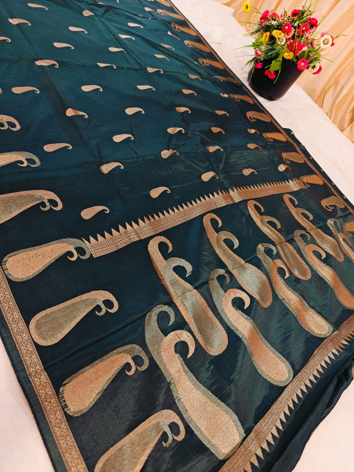 RUSSIAN SILK WITH ZARI MOTIF IN BOTTLE GREEN COLOUR