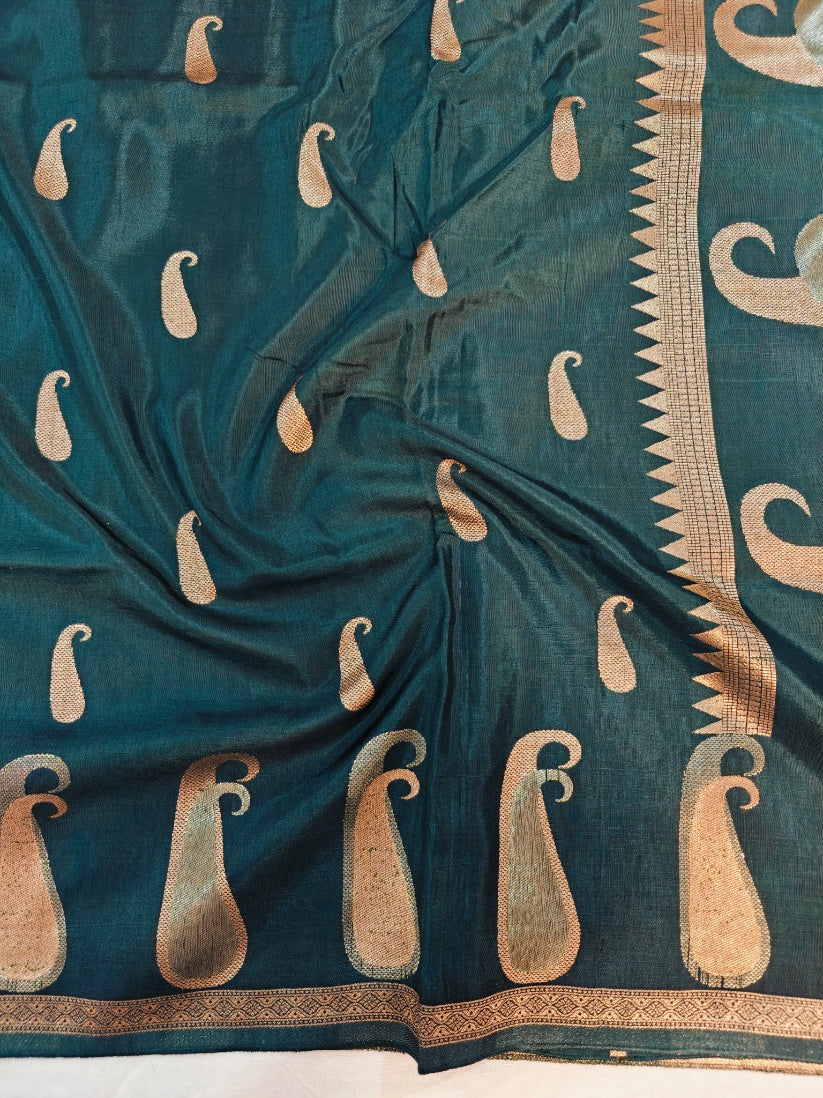 RUSSIAN SILK WITH ZARI MOTIF IN BOTTLE GREEN COLOUR