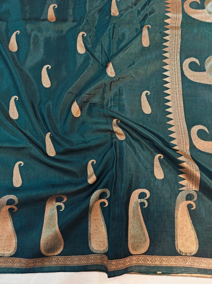 RUSSIAN SILK WITH ZARI MOTIF IN BOTTLE GREEN COLOUR